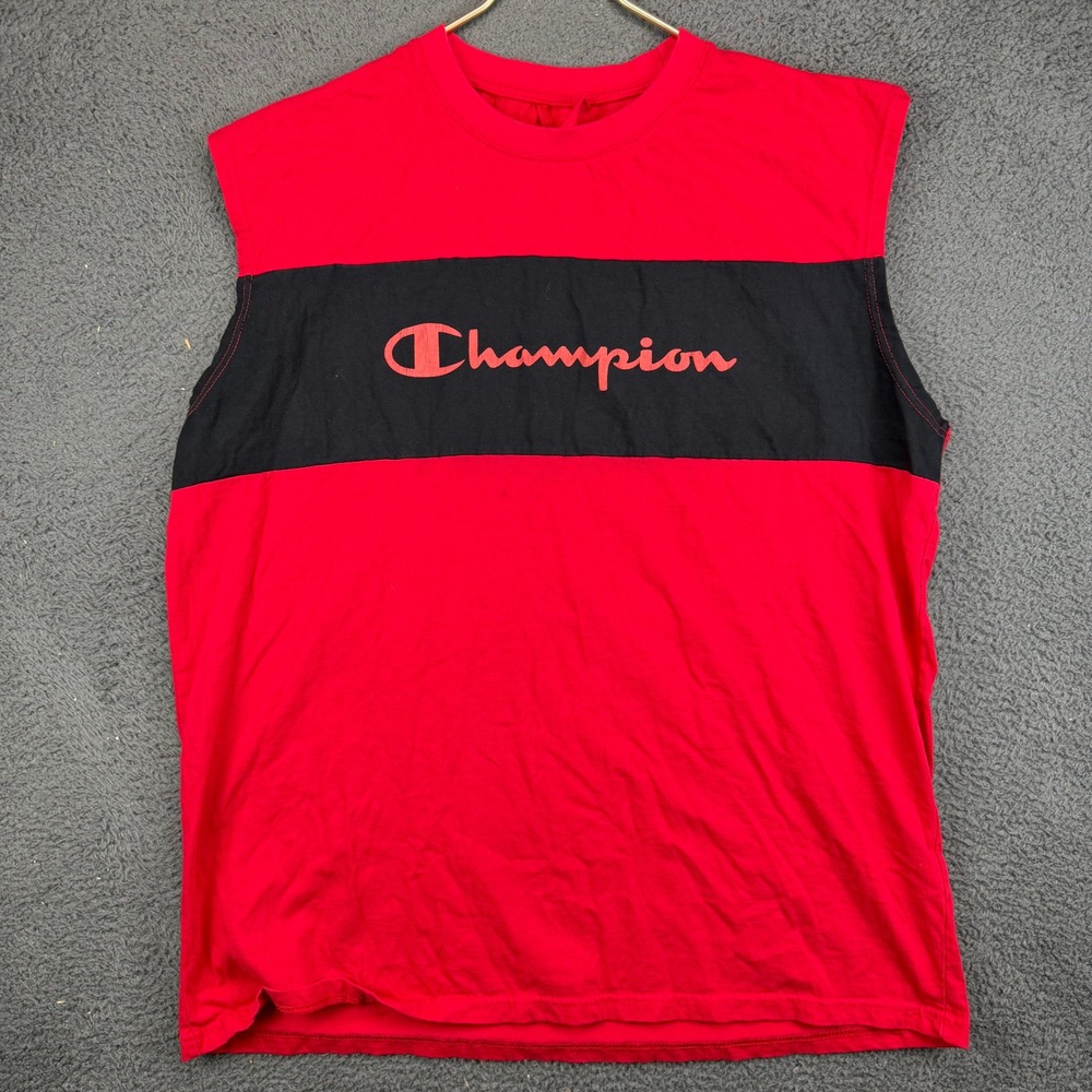 Champion Mens 1XL Red Black Colorblock Script Logo Sleeveless Muscle T-Shirt